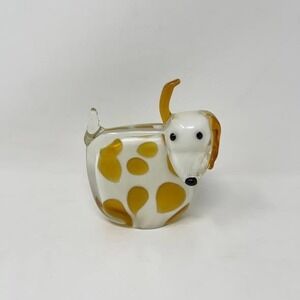 VTG Pier 1 Blown Glass Puppy Dog Figurine Paperweight White Amber Dots Ear Up